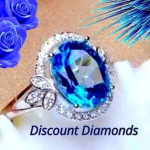 Blue Halo Sapphire Cocktail Ring & Clear White Baguette Diamonds on 925 Silver